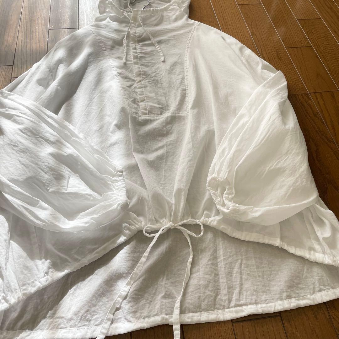 ミズイロインド コットン ローン フーデッド シアー　シャツ　ブラウス　ホワイト