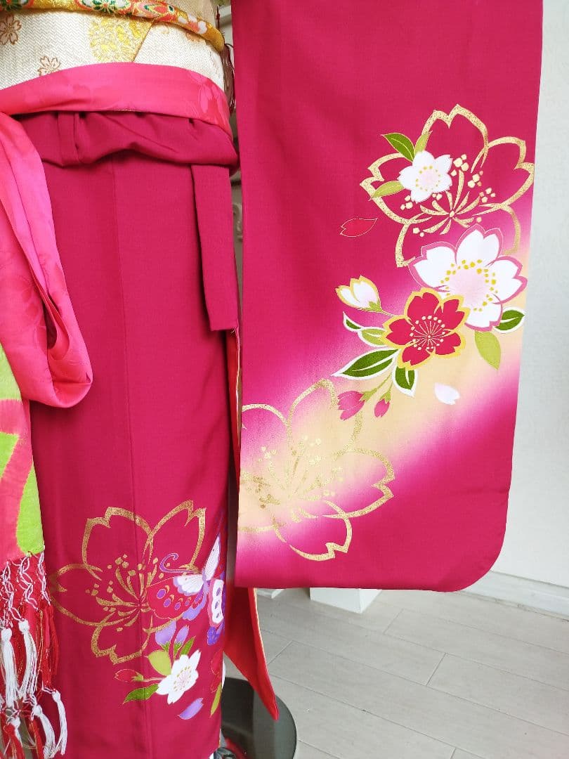 正絹☆誂え品☆濃い赤ピンクの着物と金の作り帯フルセット☆七五三７歳