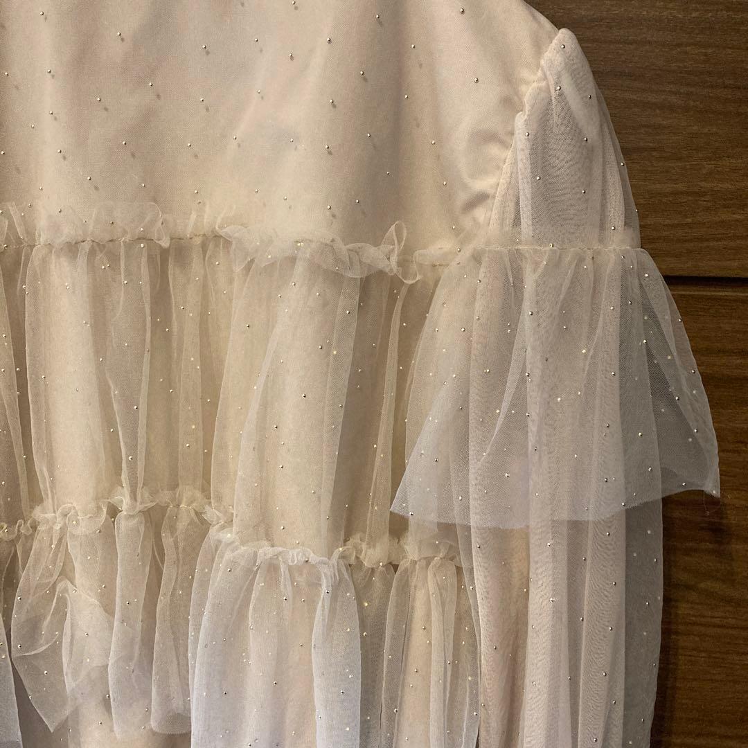 【極美品】JUSGLITTY キラキラチュールシャツブラウス ピンクベージュ M