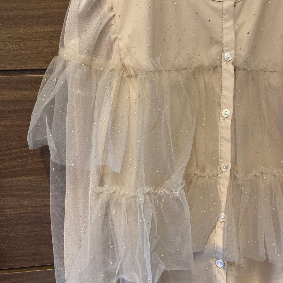 【極美品】JUSGLITTY キラキラチュールシャツブラウス ピンクベージュ M