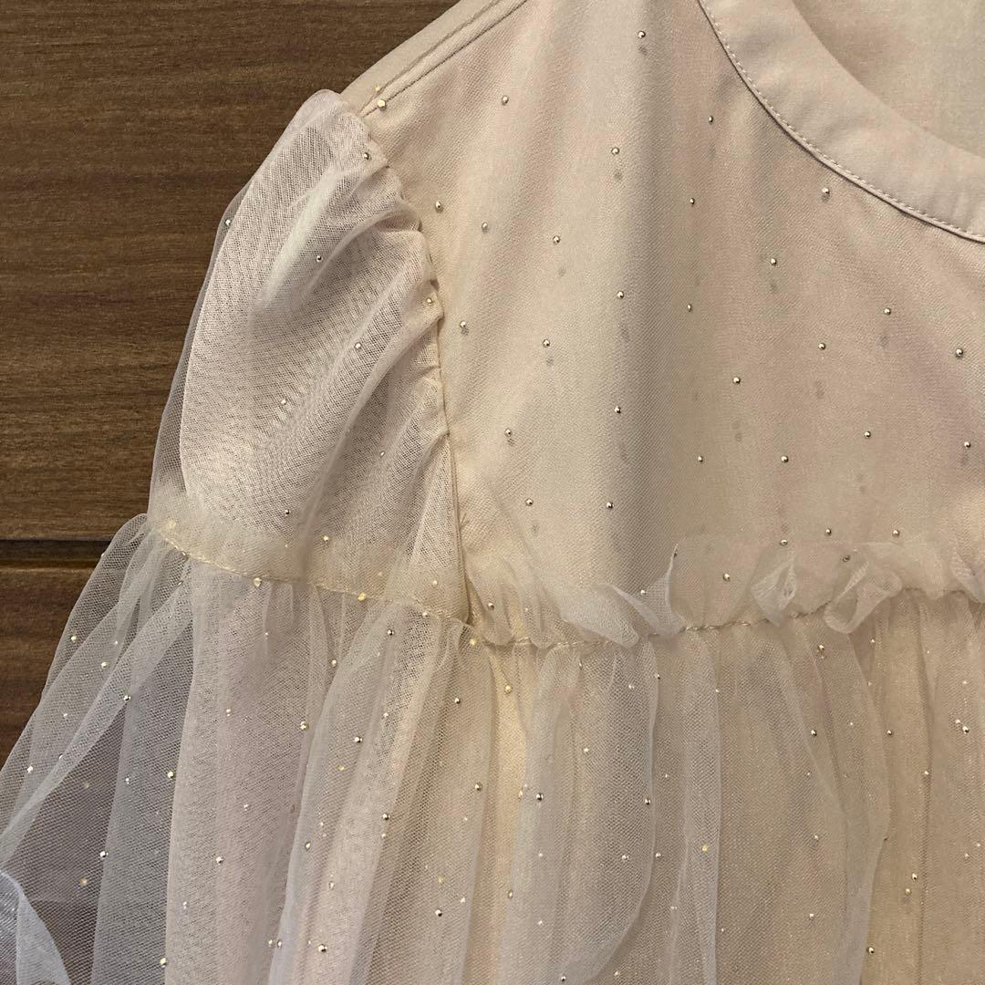 【極美品】JUSGLITTY キラキラチュールシャツブラウス ピンクベージュ M