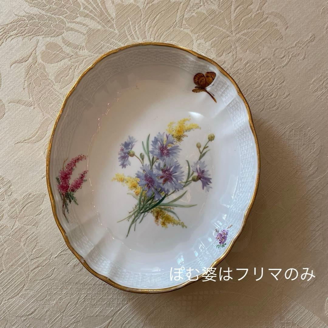 【古マイセン】①コバルト／花絵皿② 印象主義 自然主義／楕円深皿 「花と蝶」
