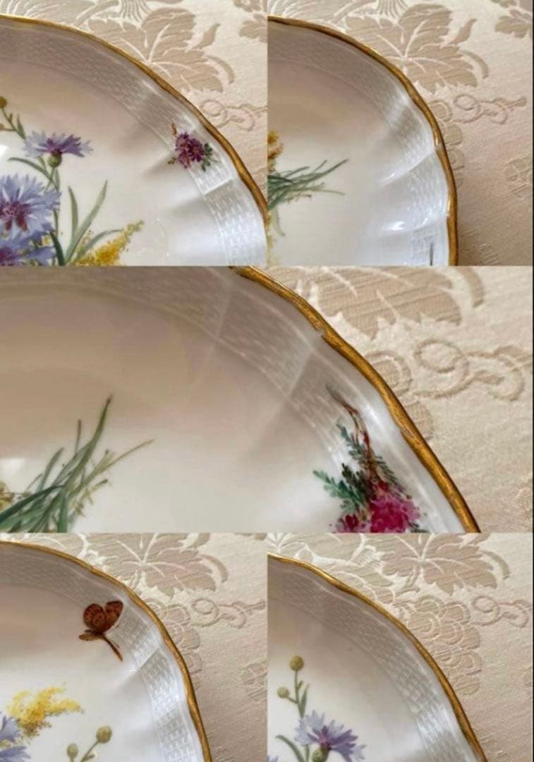 【古マイセン】①コバルト／花絵皿② 印象主義 自然主義／楕円深皿 「花と蝶」