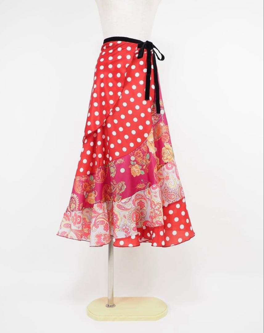 フラメンコ　巻きスカート　新品　レッスンファルダ　フラメンコ衣装　赤　ドット