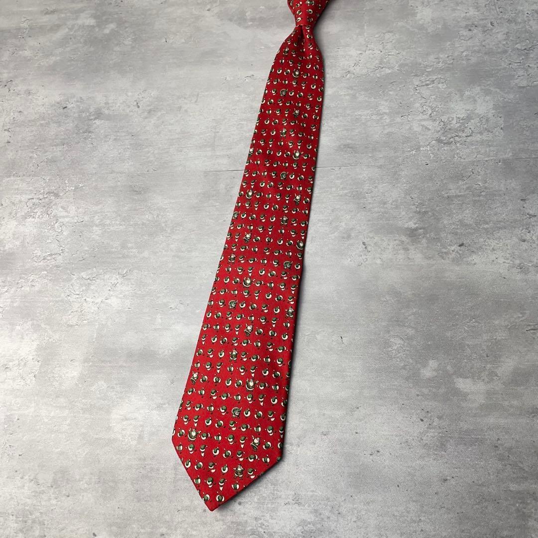 美品 Salvatore Ferragamo サンタ柄 ドット ネクタイ レッド
