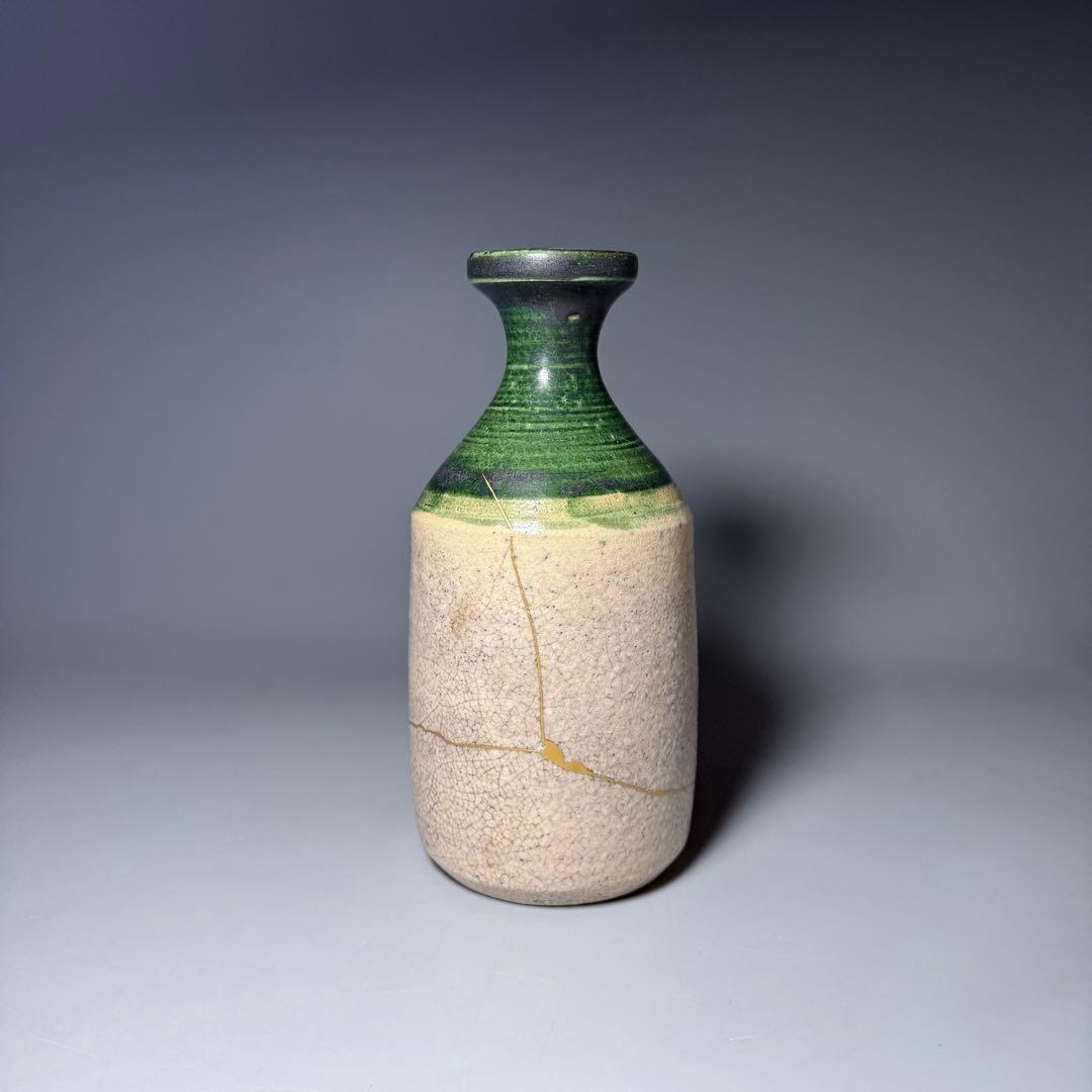 江戸時代　織部沢瀉文　花瓶　徳利　古美術　桐箱付　蒐集家旧蔵品　高19.5cm