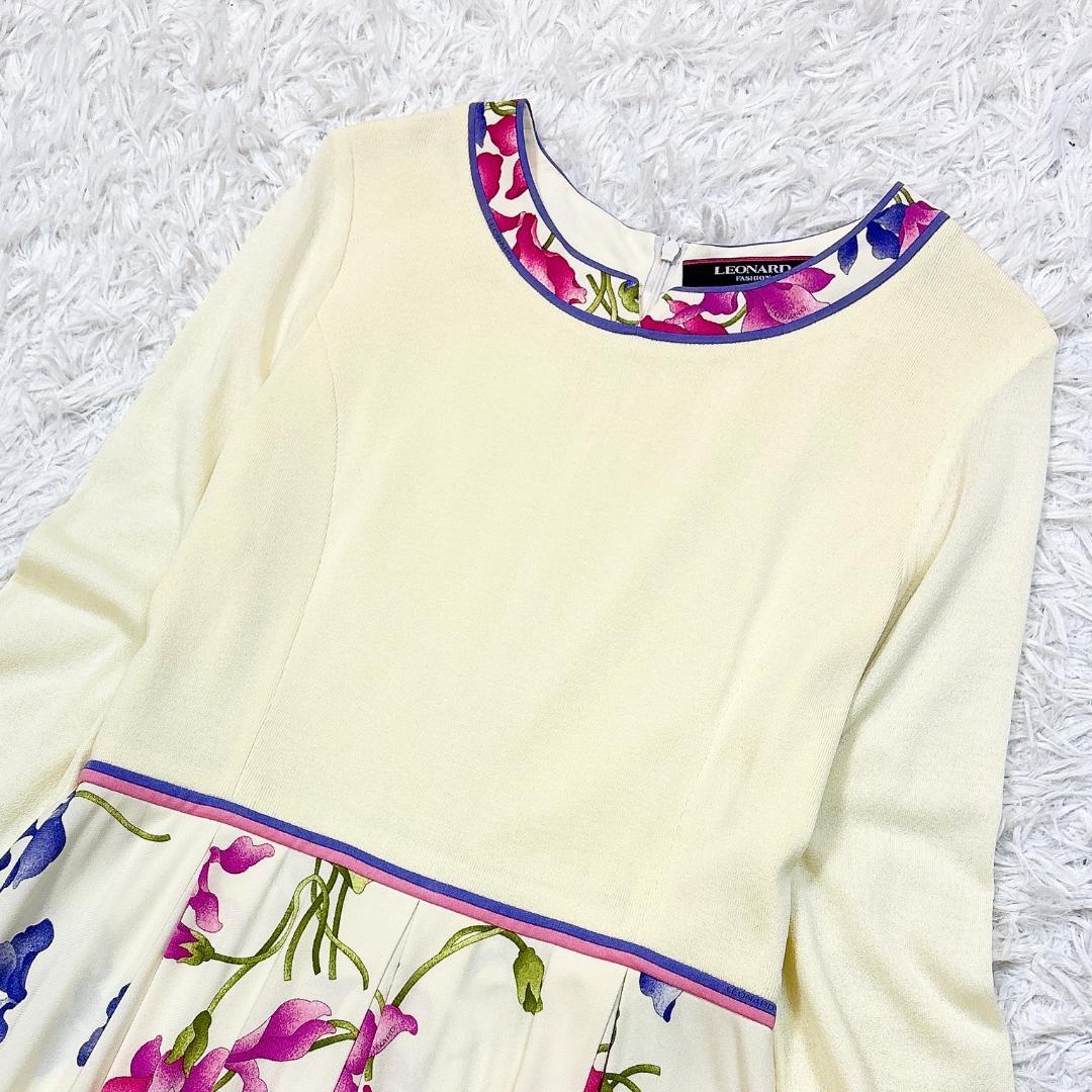 カンカン【極美品】レオナール 花柄ドッキングワンピース トリム アイボリー 40