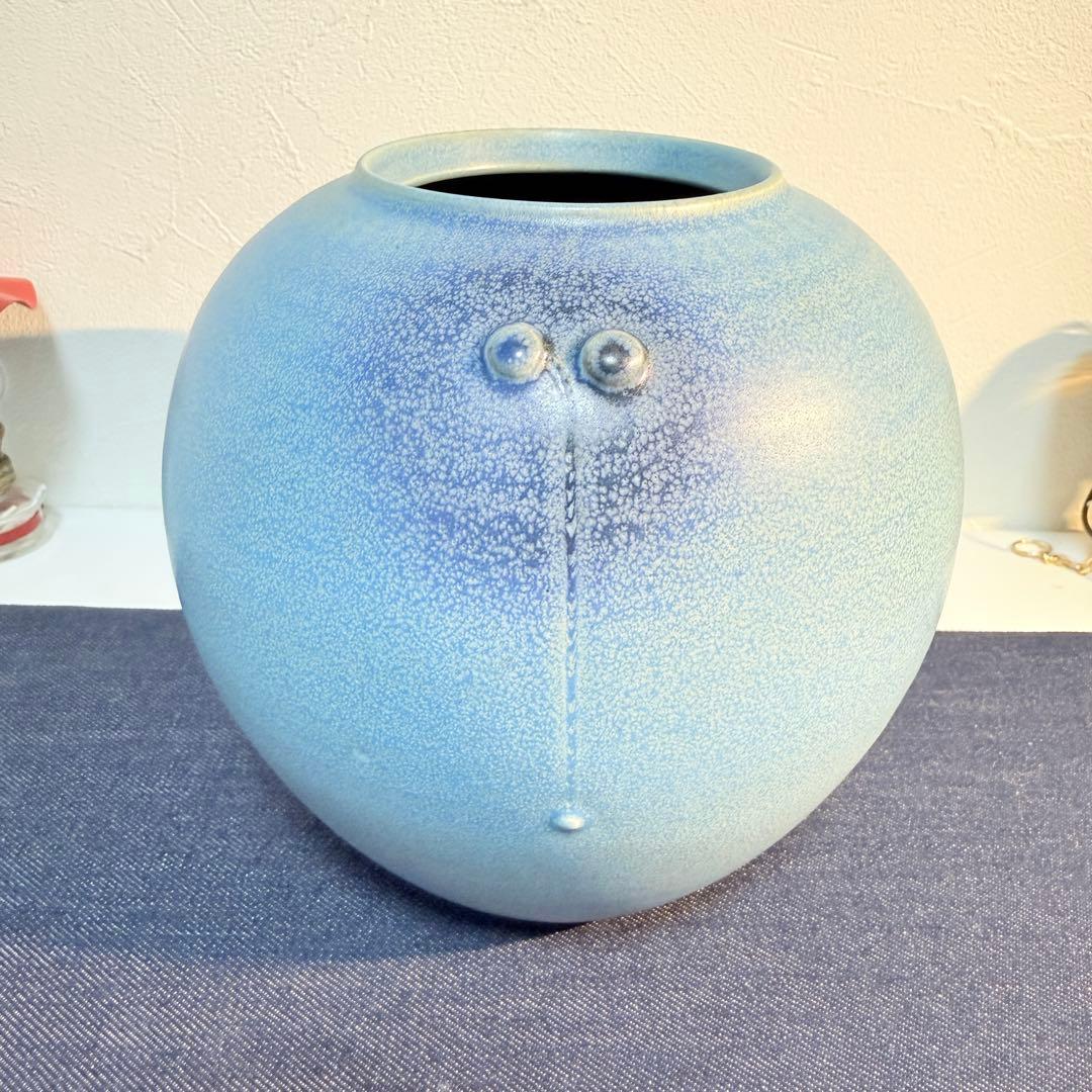 真作 原田省平 青釉 丸壺 花器 オブジェ 現代陶芸 刻印有 唯一無二 原田窯