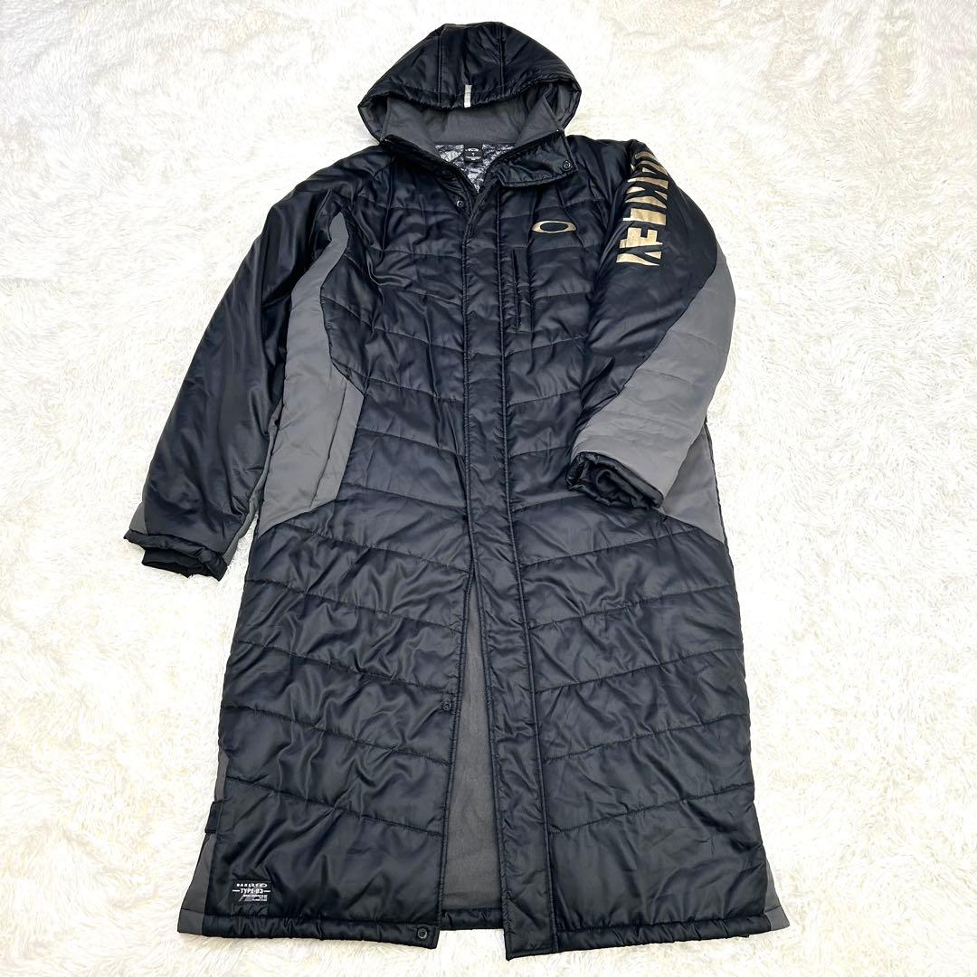 オークリー　中綿ベンチコート　ロング　ブラック　XLサイズ　バッグ刺繍ロゴ