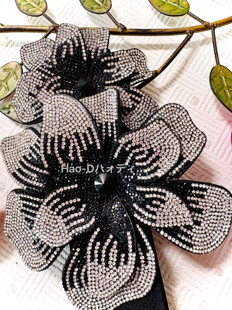 新品★ストーン付き立体フラワーベルト★しっかり縫製★伸縮★ダンスドレス★ブラック
