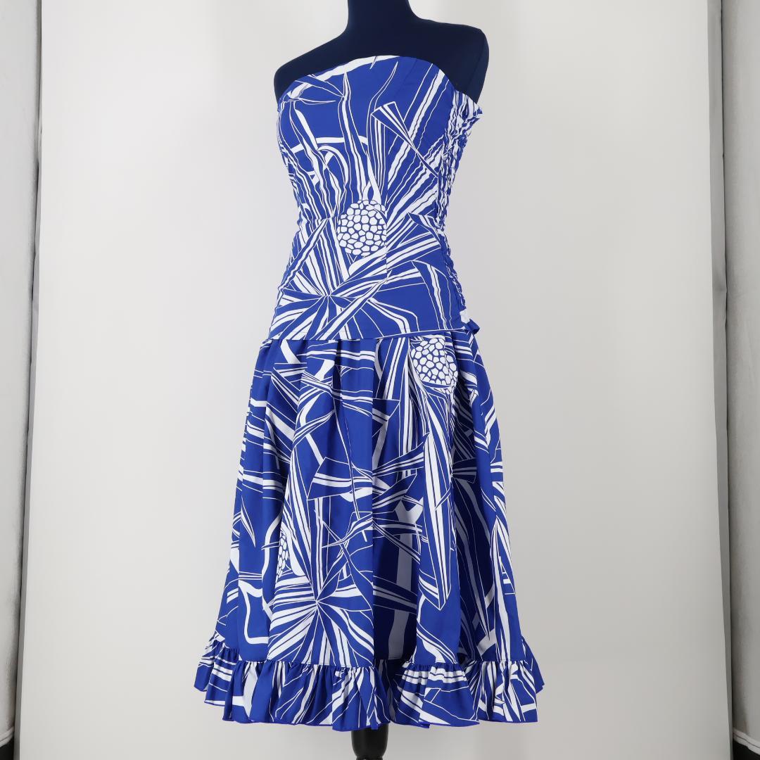 【フラダンス衣装】ブルー 上下セット ツーピース セットアップ パンの木柄 青