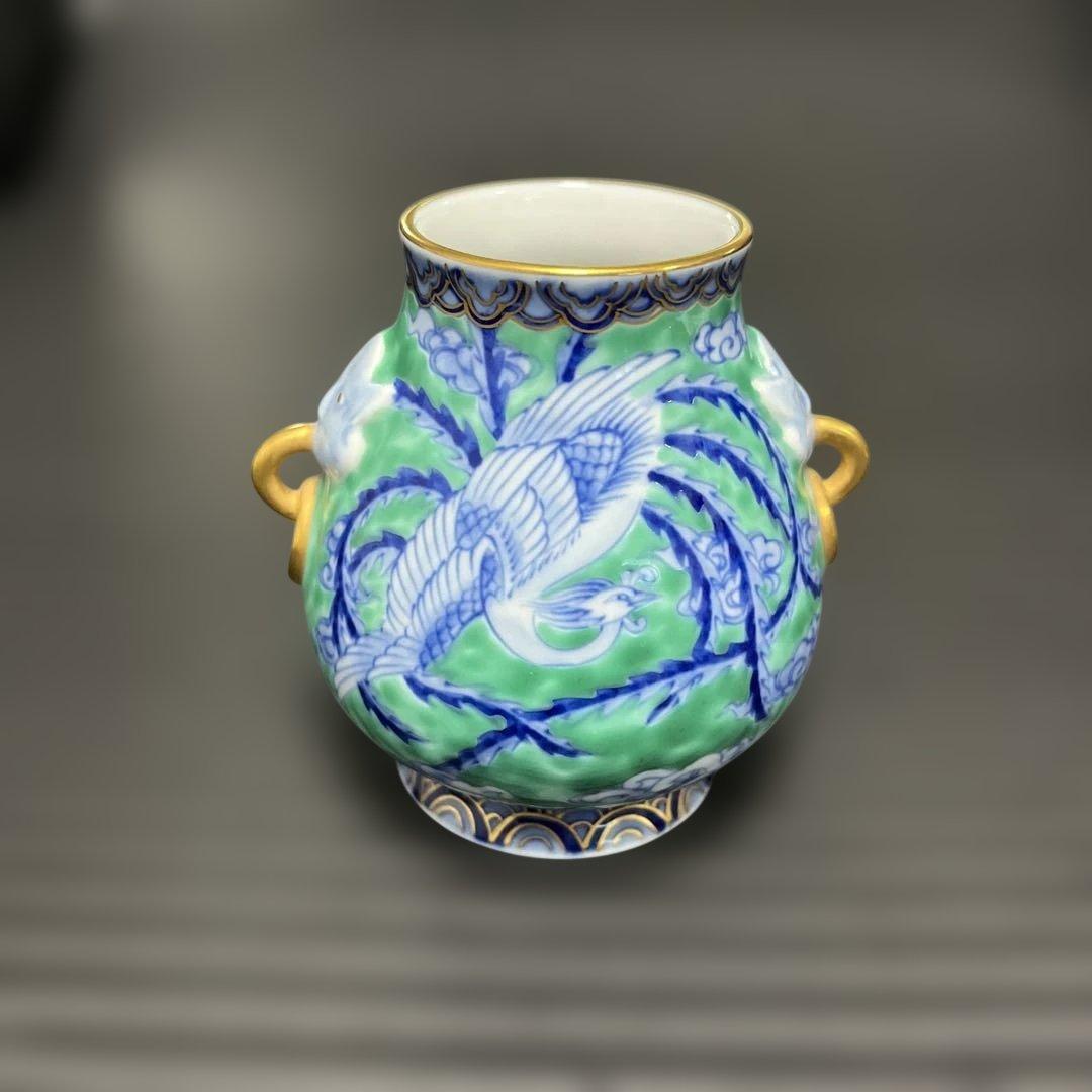 深川製磁　有田焼　鬼面龍朱雀文花瓶　未使用　花入※宮内庁御用達