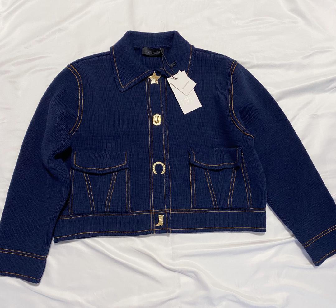 ZARA コントラストボタン付きニットジャケット カーディガン ブルー M