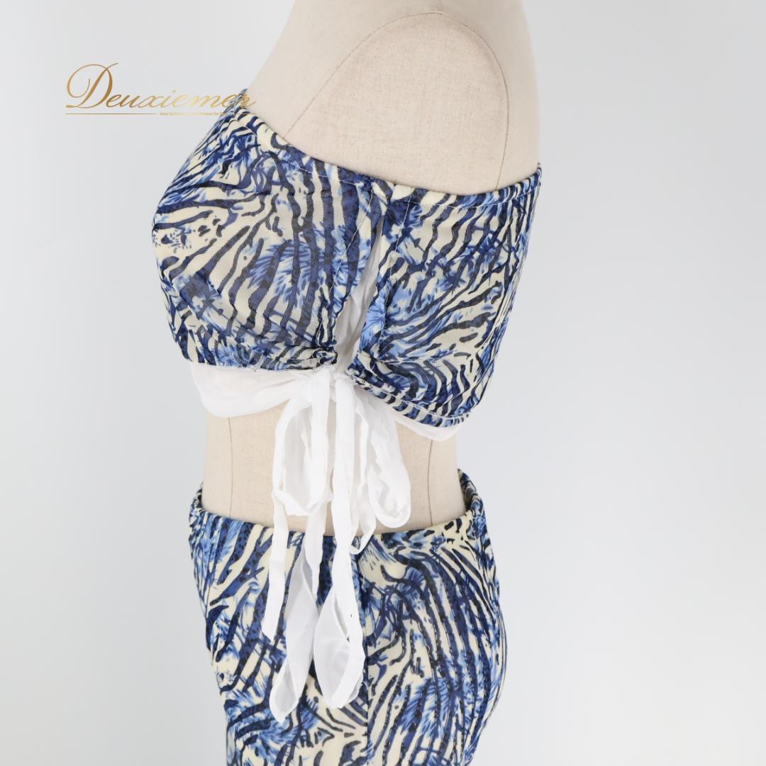 【ベリーダンス用衣装】ブルー アイボリー ホワイト レッスン着 上下セット 柄