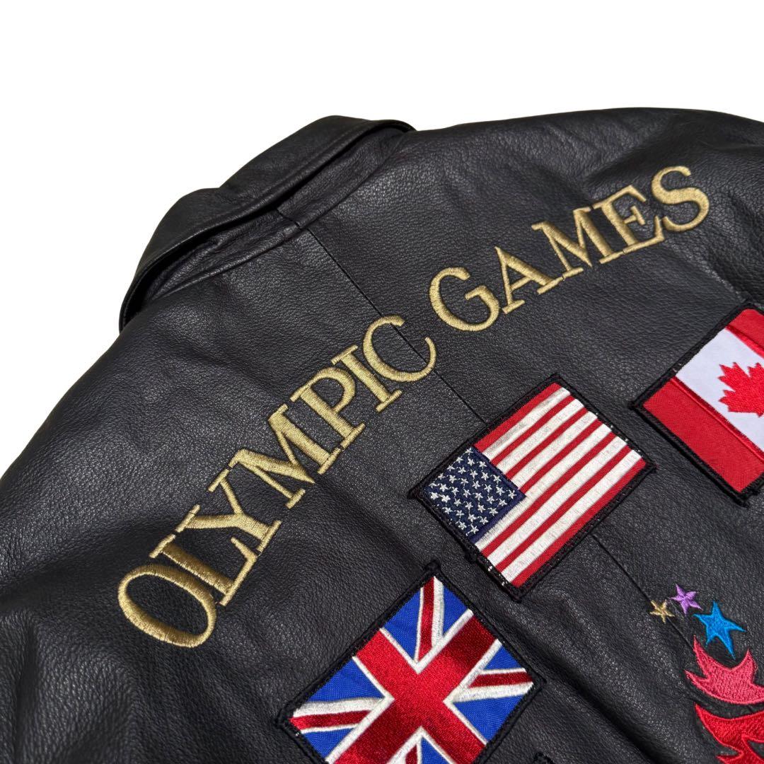 稀少90s American Toons レザーブルゾン M 黒ワッペン A-2