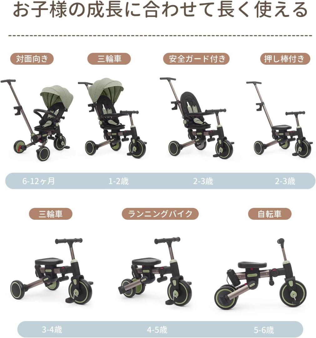 【新品】ASOWTREND 子供用三輪車 折りたたみ 手押し棒 4WAY 緑