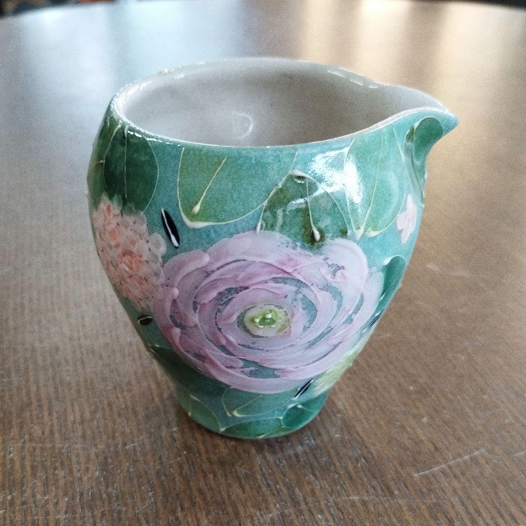【新品・未使用】工房ゆずりは　緑彩ローズ　片口　瀬戸焼　陶器　お酒　贈り物