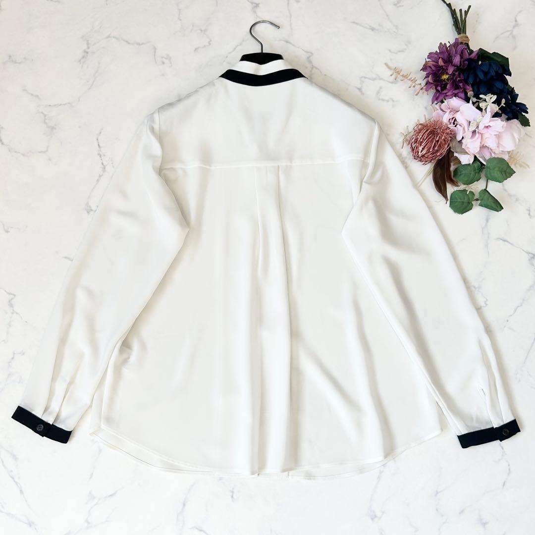 passione パシオーネ リボンタイバイカラーブラウス ホワイト ストレッチ