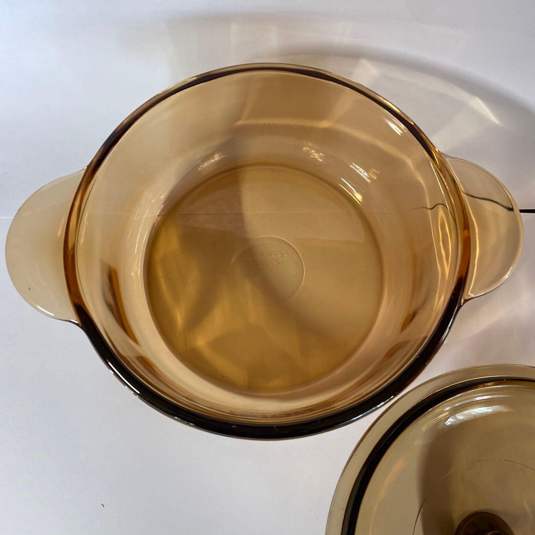 未使用　ビジョン 両手鍋＆片手鍋　アンバー　ガラス 蓋付き　レトロ