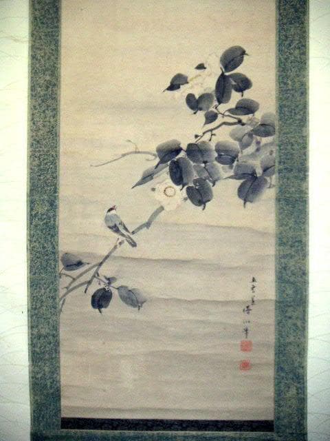 ♥掛軸　日本画　竹腰僊洞　花鳥図　掛け軸　時代箱付き