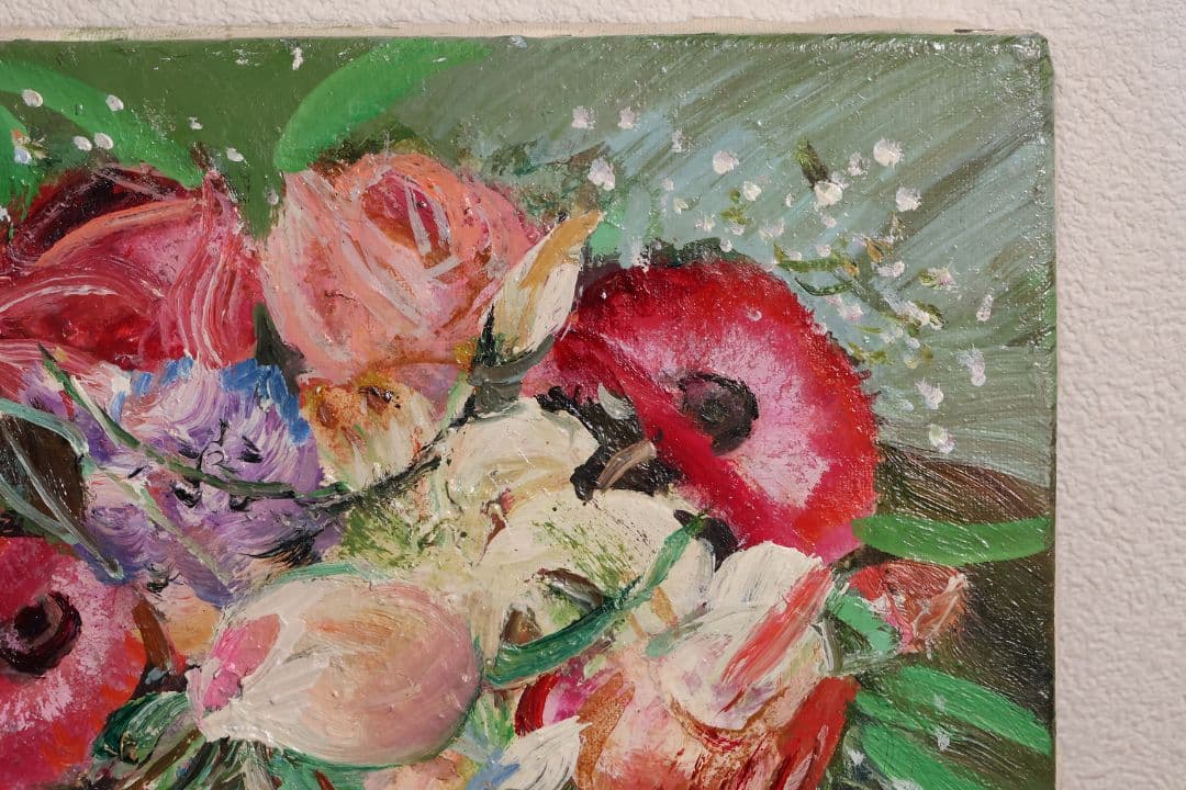 【真作】中島裕子 油彩 SM号「ファンタジーの花々」額装 ポピー 薔薇CM173