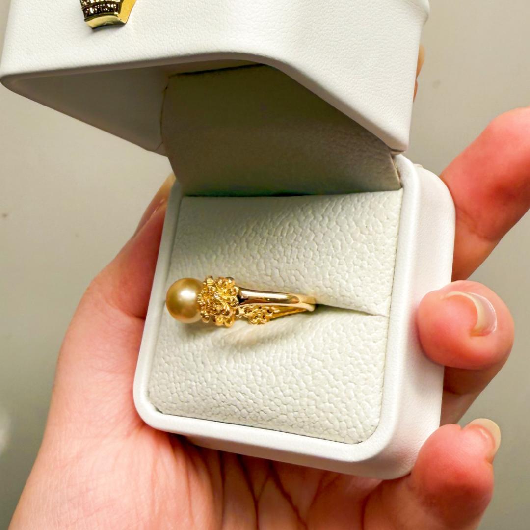 【極上テリ】南洋ゴールドパール 8.2mm 蕾絲雛菊リング 純金999鍍金一點物
