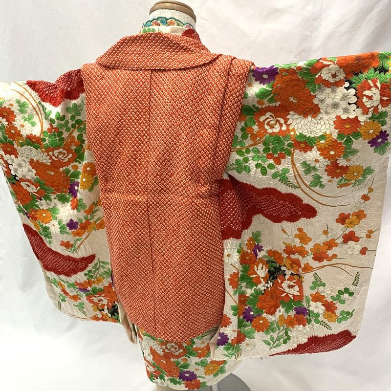 603ag18□七五三 三歳 女児 着物&総絞りの被布 金彩 花 絞染□状態良好