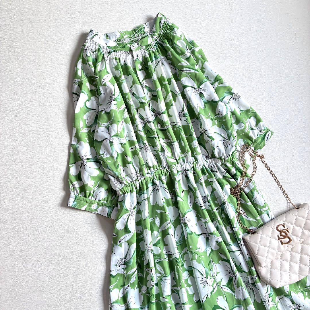 ◆極美品◆ブージュルード◆花柄五分袖マキシワンピース◆グリーン◆M◆フレア◆