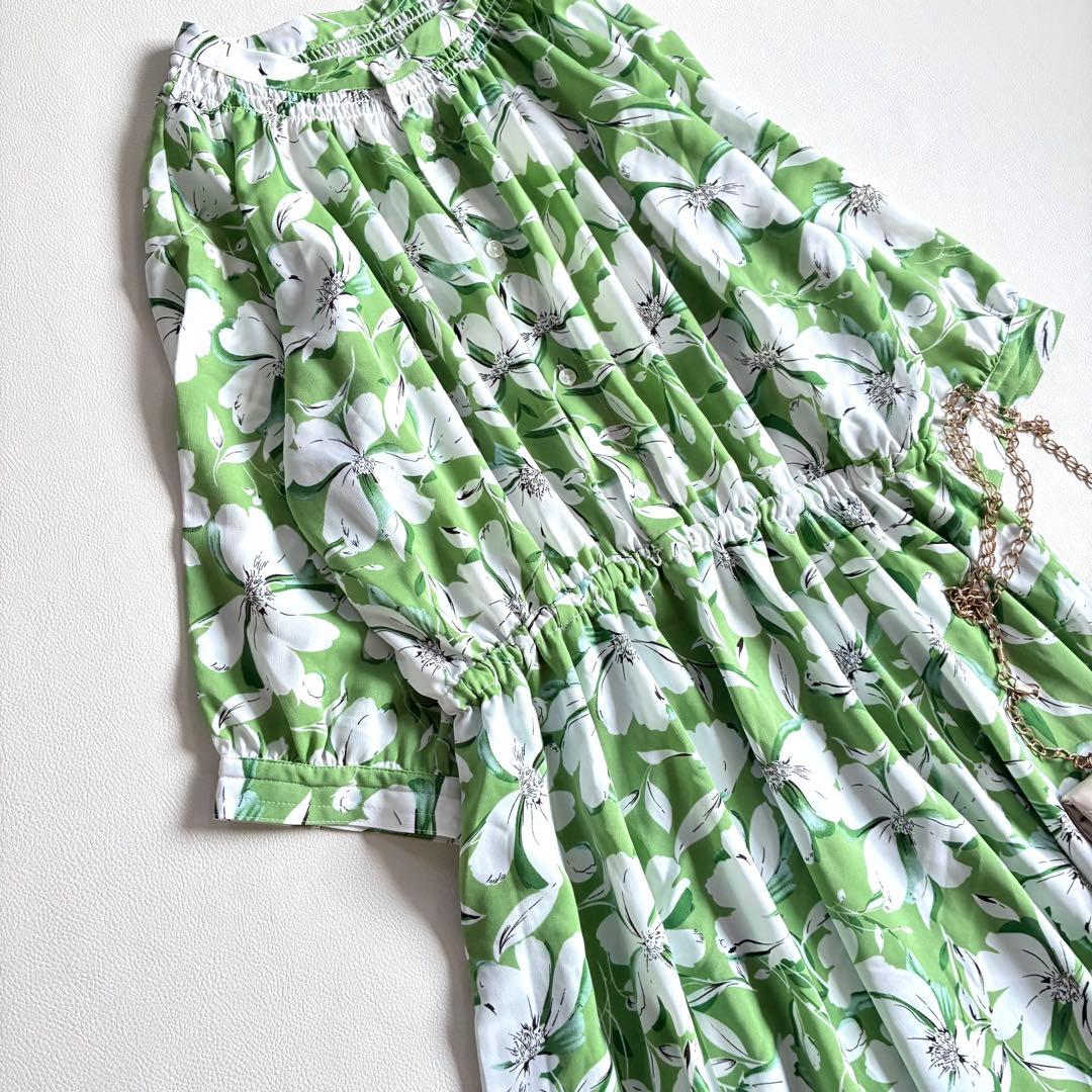 ◆極美品◆ブージュルード◆花柄五分袖マキシワンピース◆グリーン◆M◆フレア◆