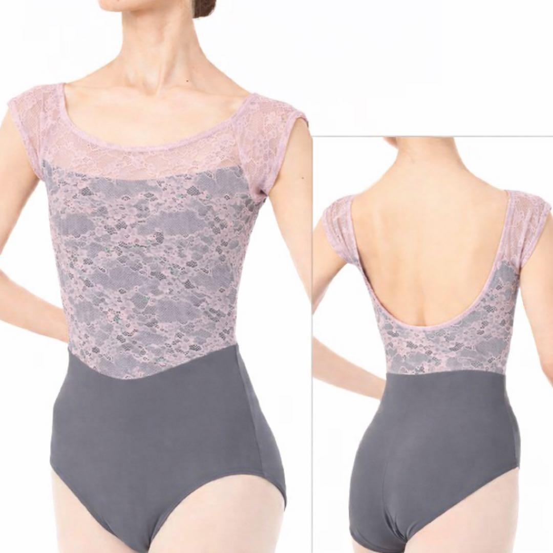 新品チャコット★レーストップ切替デザインレオタード S 薄ピンク×チャコール