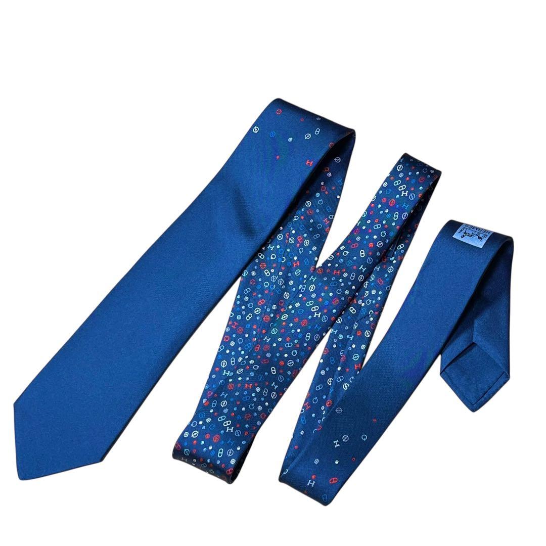 極美品　エルメス　ネクタイ　紺　ソリッド　無地　シェーヌダンクル柄　H柄