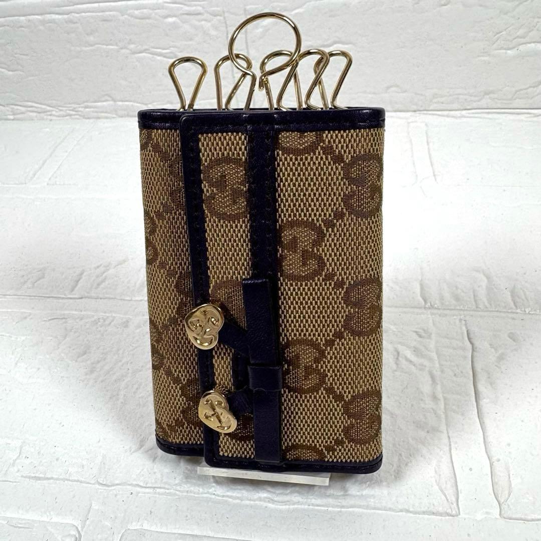 グッチ キーケース 6連 GGキャンバス ゴールドハート リボン パープル