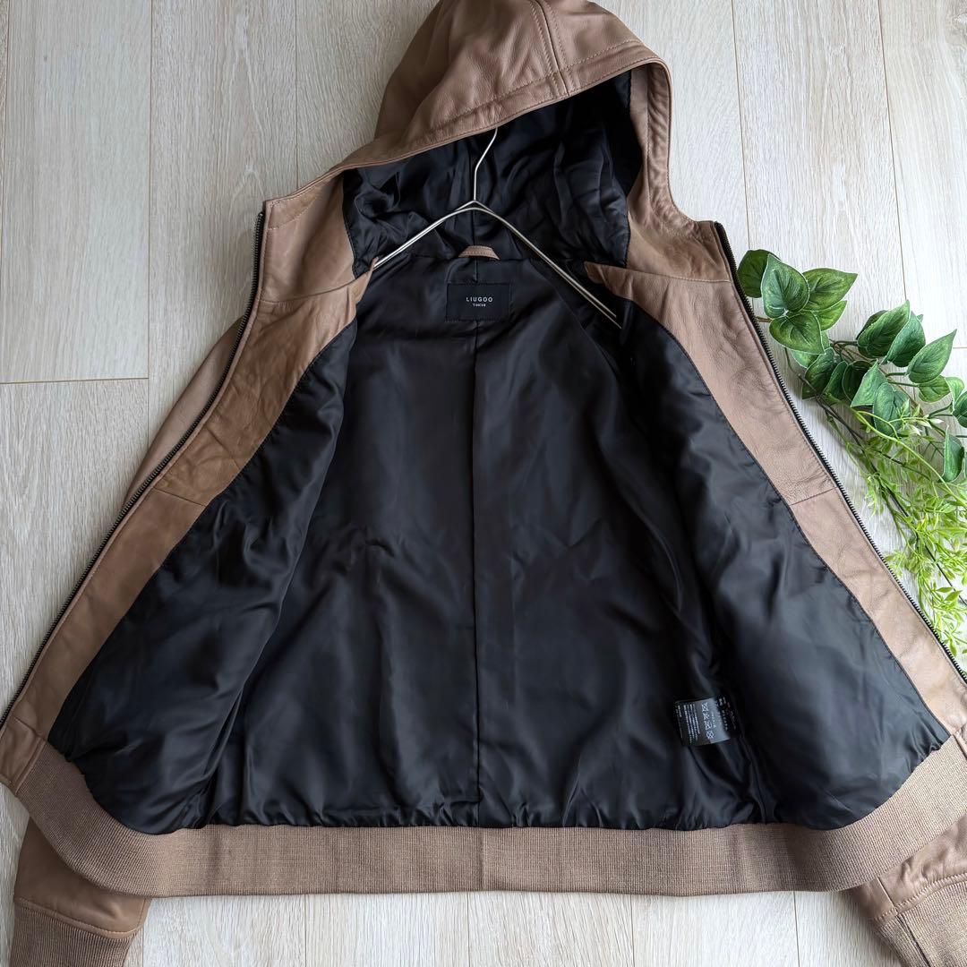 底値 LIUGOO リューグー ラムレザー パーカー ジャケット ブラウン XL