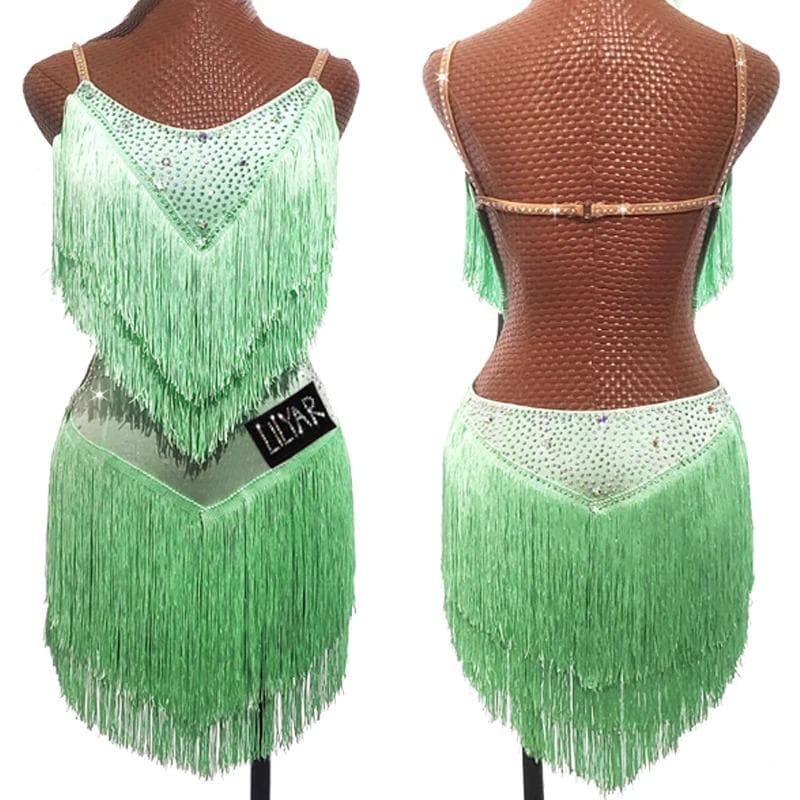 ラテン衣装 三段フリンジ 水玉ラインストーン 吊り紐ワンピース 露背 セクシー