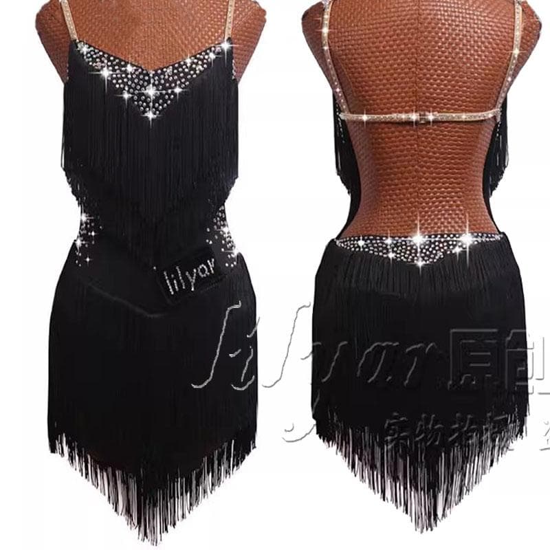 ラテン衣装 三段フリンジ 水玉ラインストーン 吊り紐ワンピース 露背 セクシー