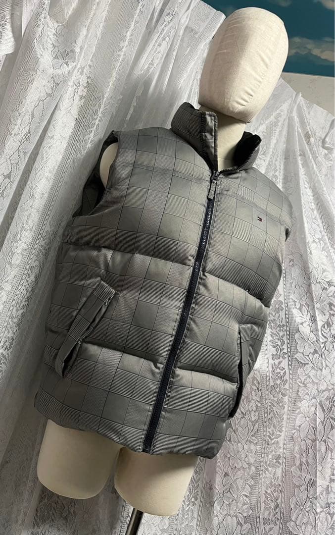   ダウンベスト　肉厚　刺繍ロゴ　チェック柄　XL