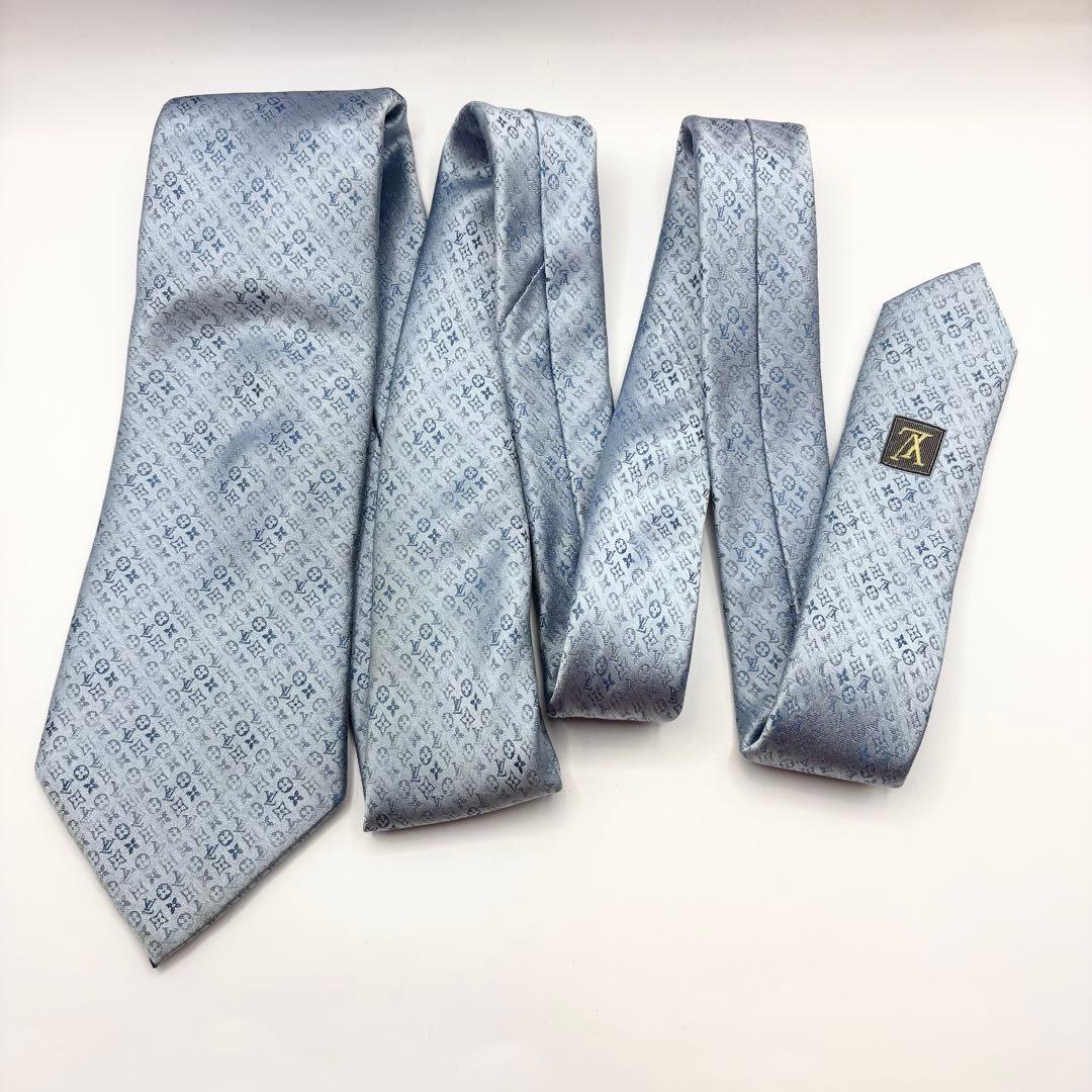 ルイヴィトン ネクタイ モノグラム 総柄 ブルー シルク　肉厚　光沢
