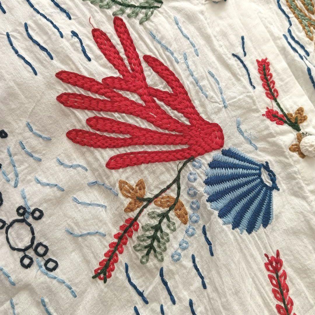 ZARA 海モチーフ刺繍ロングシャツワンピース チャイナボタン スリット 白