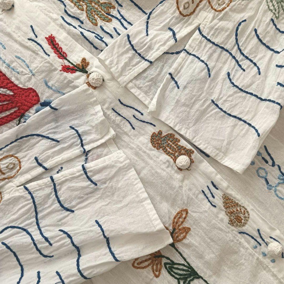 ZARA 海モチーフ刺繍ロングシャツワンピース チャイナボタン スリット 白