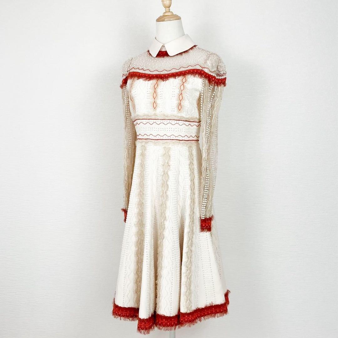 正規品 VALENTINO 白タグ ビーズ刺繍Aラインワンピース シルク混 38