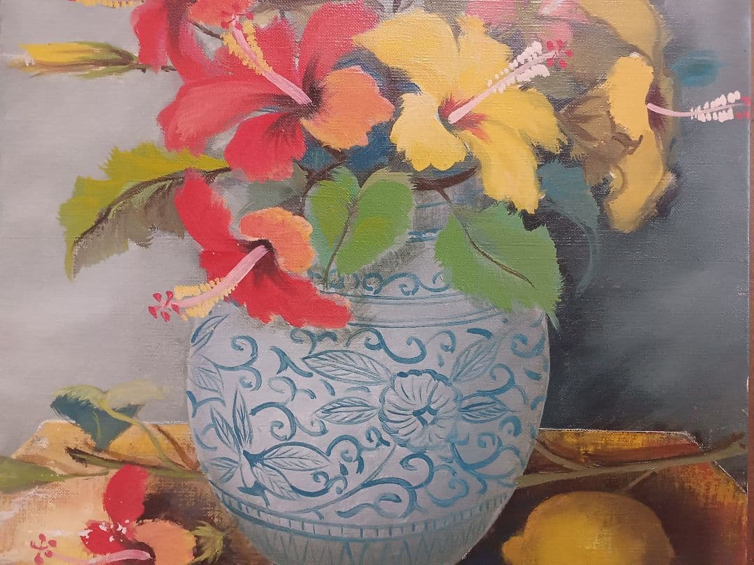 西岡清史　「ハイビスカスとレモン」　油彩　F8号　元東光会　サージマルジス賞