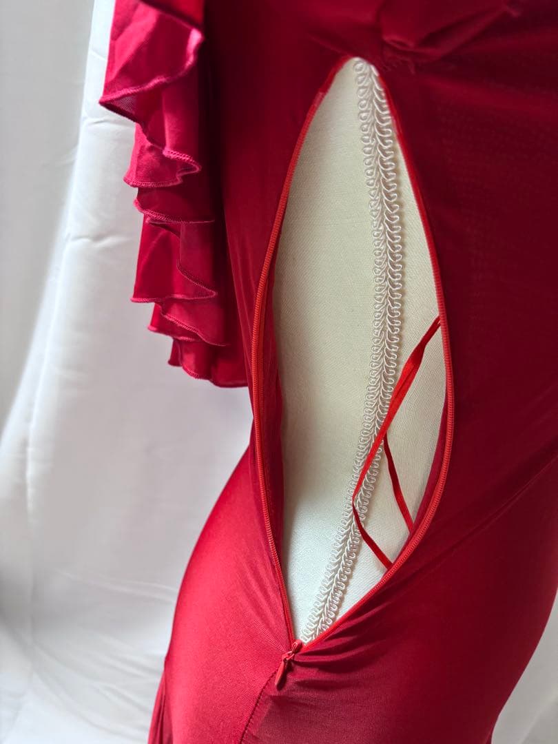 社交ダンス衣装　ロングワンピース　赤　ドレス　レッスンウエア　M〜L