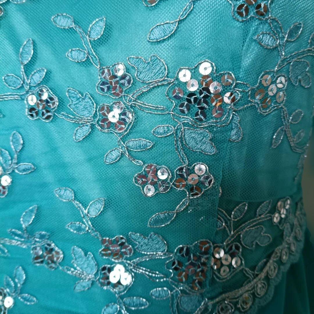 社交ダンス青緑色ビーズ刺繍フレアドレスM