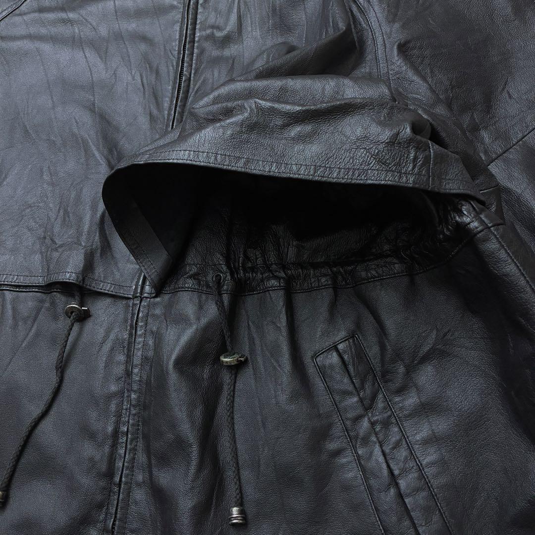 レザーハーフコート2XLフルジップブラック本革ドローコードスタンドカラーソリッド