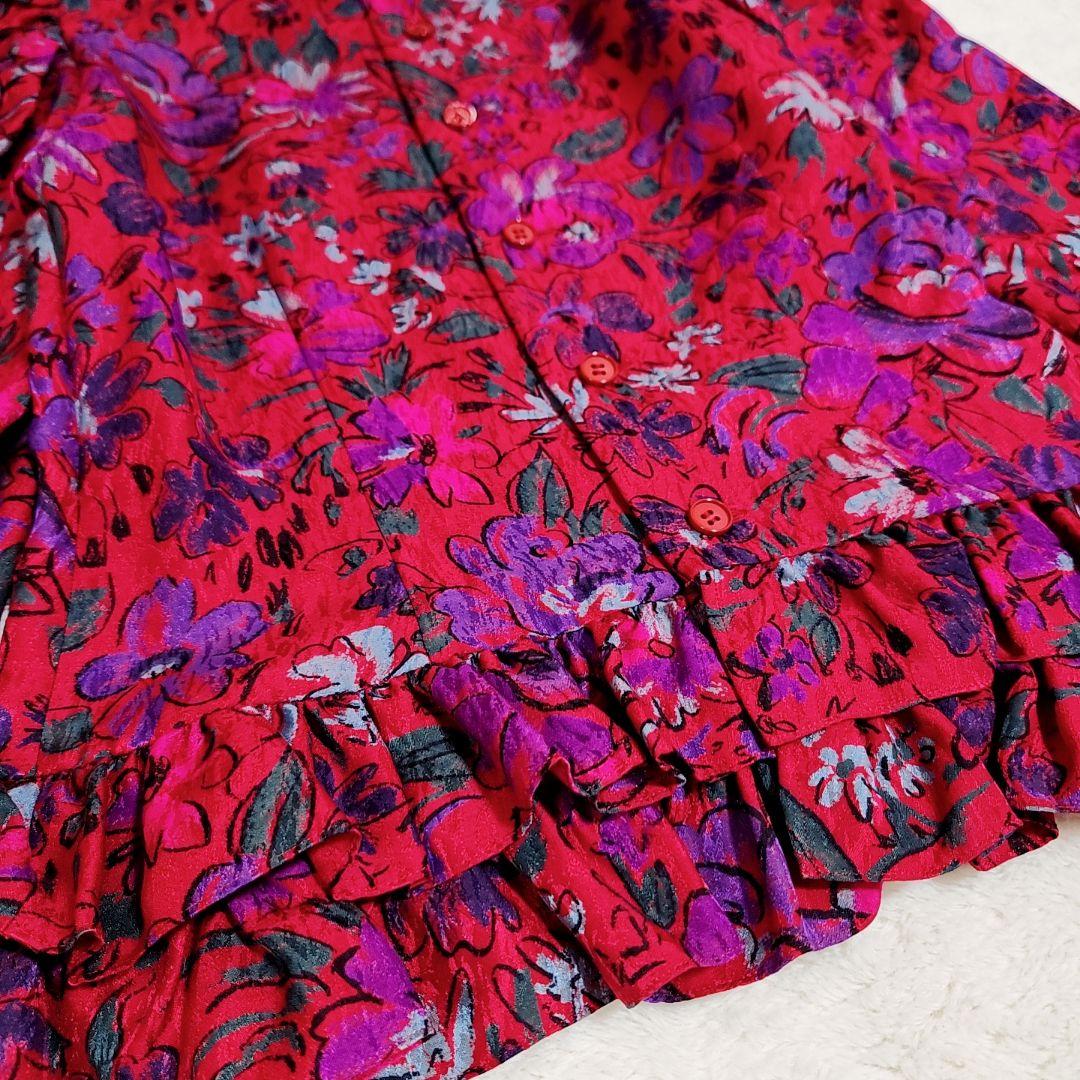 イヴサンローラン　花柄　フリル　パフスリーブ　長袖　ブラウス　M