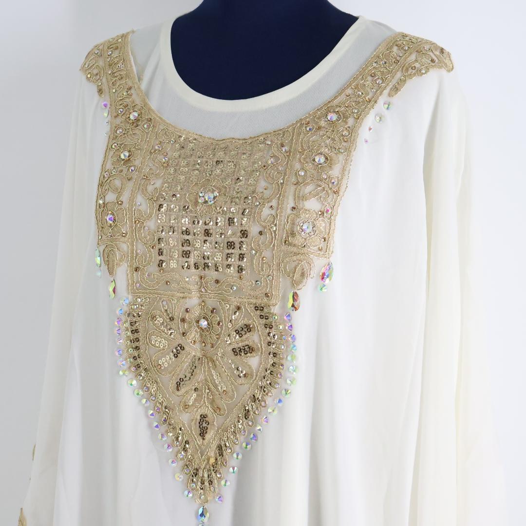 【ベリーダンス用衣装】ホワイト×ゴールド ハリージドレス ラメ ガラベーヤ