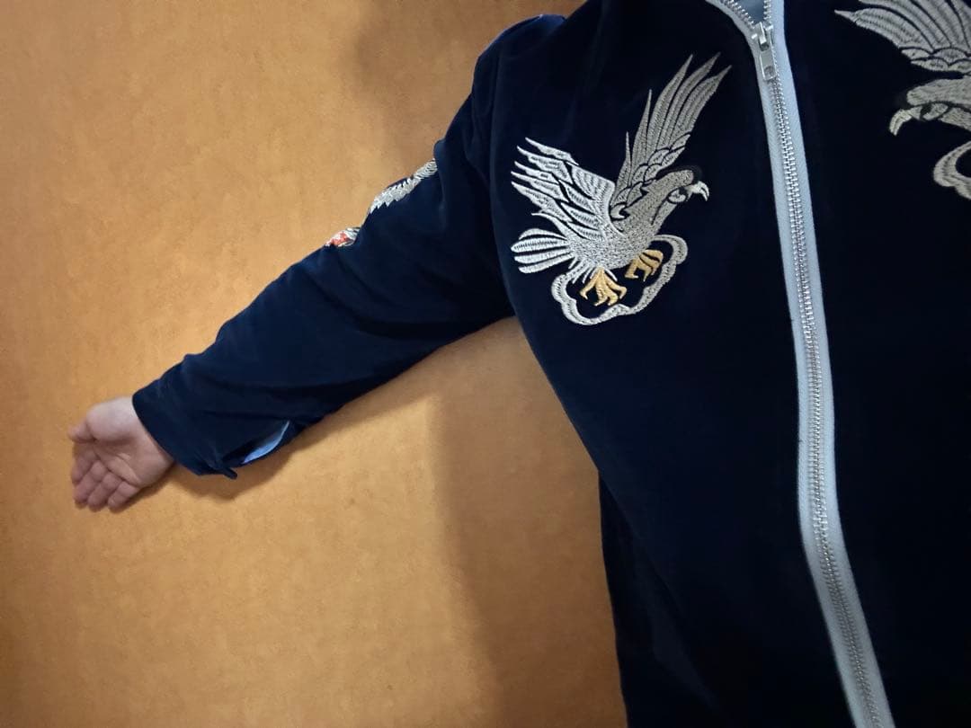 スーベニア　スカジャン　別珍　ベルベット　ネイビー　古着　刺繍　テーラー東洋