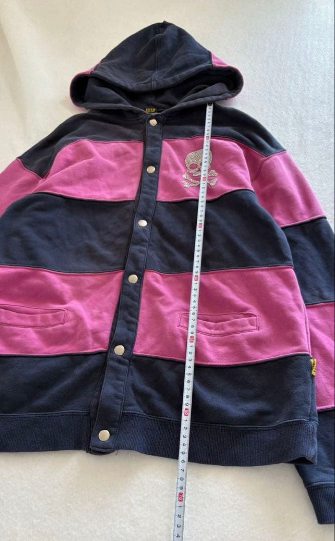 レア✴︎髑髏ドクロ00sy2k ピンクボーダー平成ギャル　フルボタンパーカー小悪魔