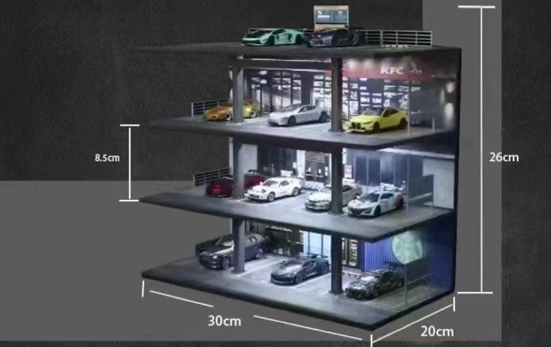 1/64【4段鉄骨フレームスタイルの立体駐車場 】LED照明付き