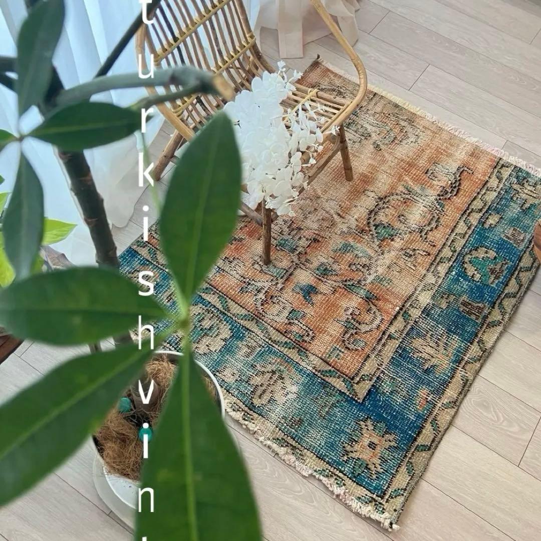 シャビーオレンジ89×108ブルー　ベージュ　正方形　トルコヴィンテージラグ
